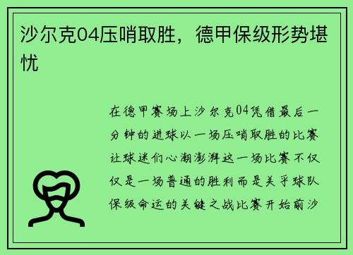 沙尔克04压哨取胜，德甲保级形势堪忧