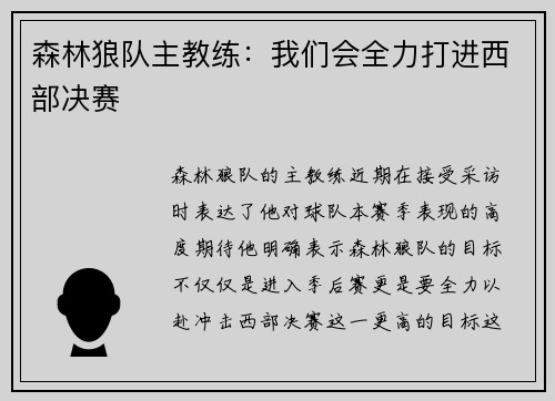 森林狼队主教练：我们会全力打进西部决赛
