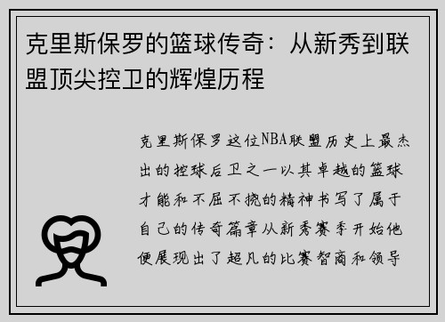 克里斯保罗的篮球传奇：从新秀到联盟顶尖控卫的辉煌历程